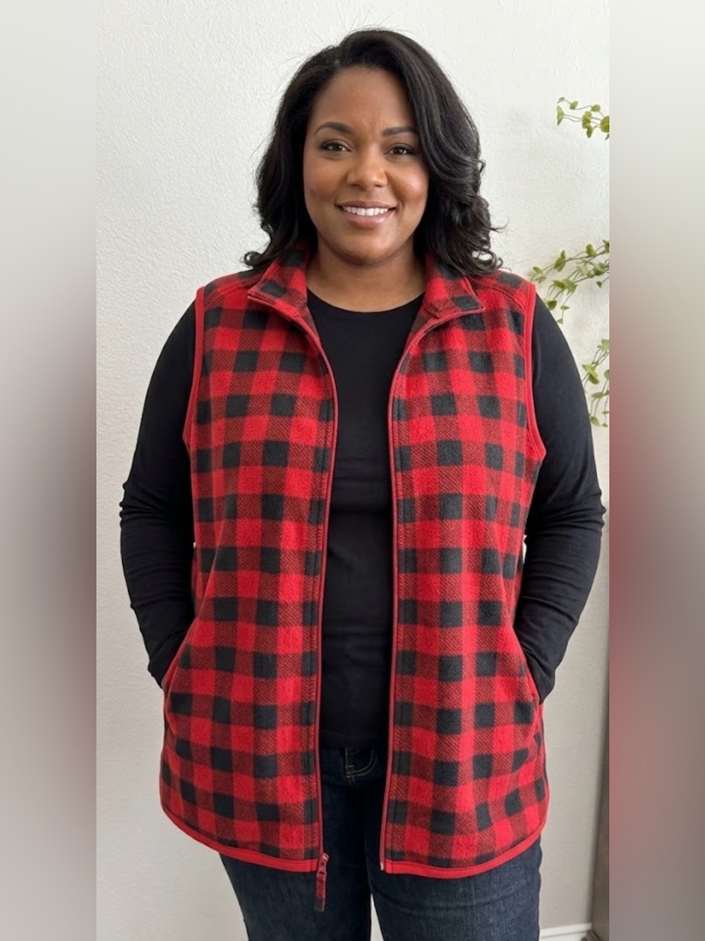 WOMAN WITHIN Red Black Buffalo Plaid Fleece Zip Up Vest Woman's Plus Size 2X